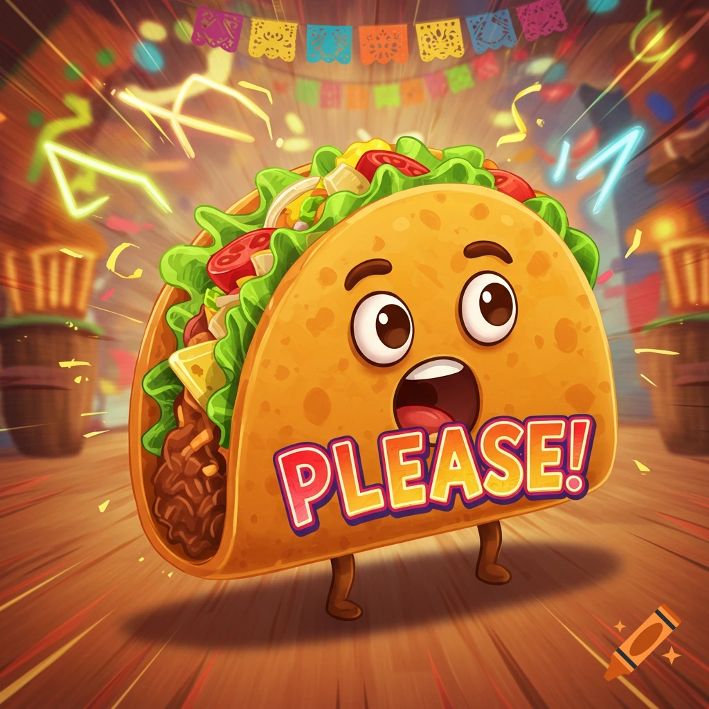An expressive cartoon taco character with the word "PLEASE!" on its shell, standing amidst a vibrant, festive background with colorful bunting and dynamic lights.