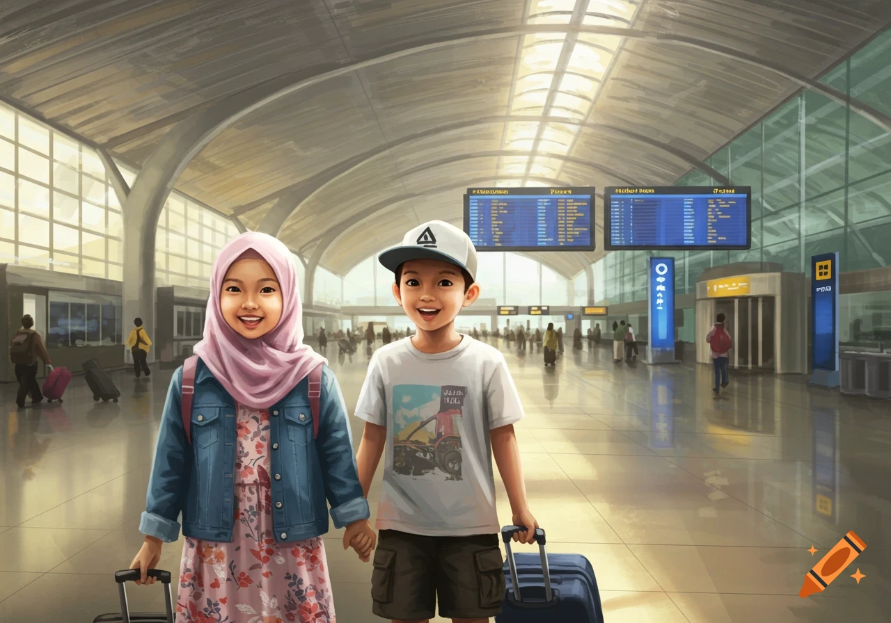 Two smiling children, a girl in a pink hijab and a boy in a white cap, hold hands and luggage in an airport terminal.