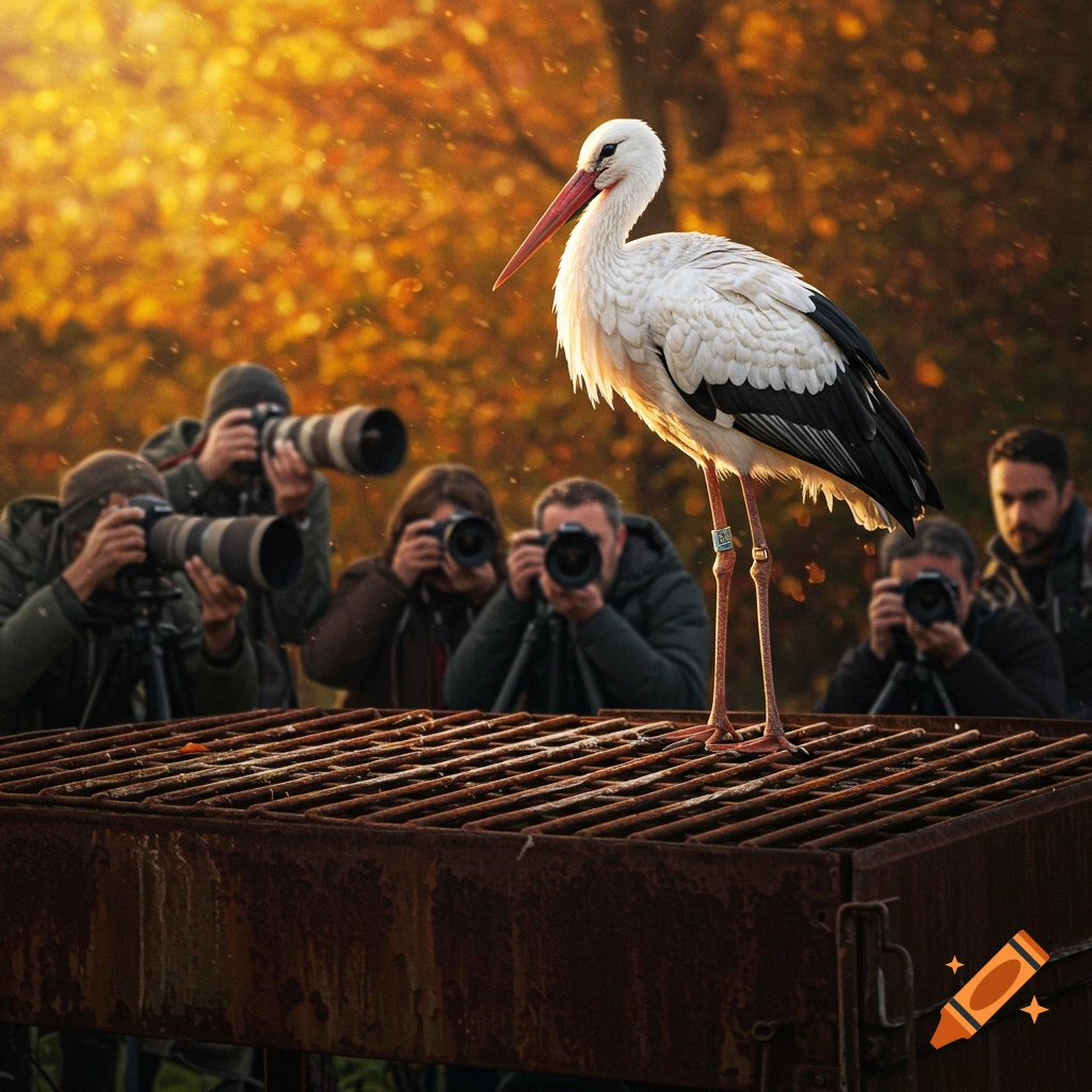 A white stork stands on a rusty metal grill, surrounded by photographers with long lenses, against golden autumn foliage.