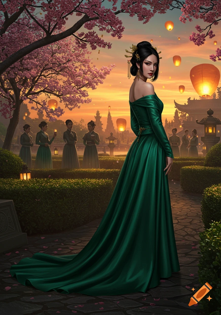 An Asian fantasy princess in an emerald gown looking back over her shoulder in a cherry blossom garden at dusk with lanterns.