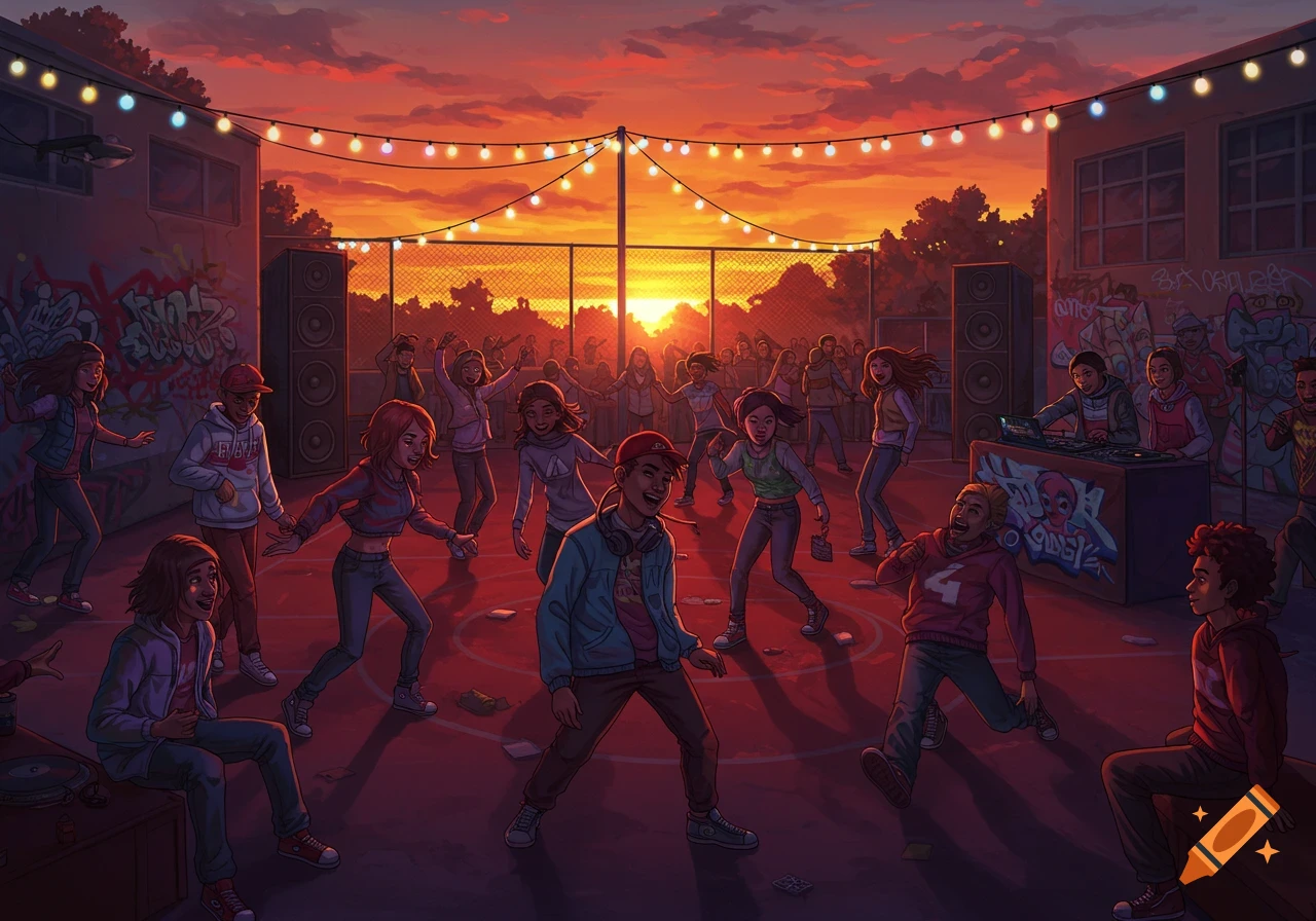 A vibrant illustration of a hip-hop themed party with many young people dancing and a DJ at sunset on a school playground with graffiti-covered walls.