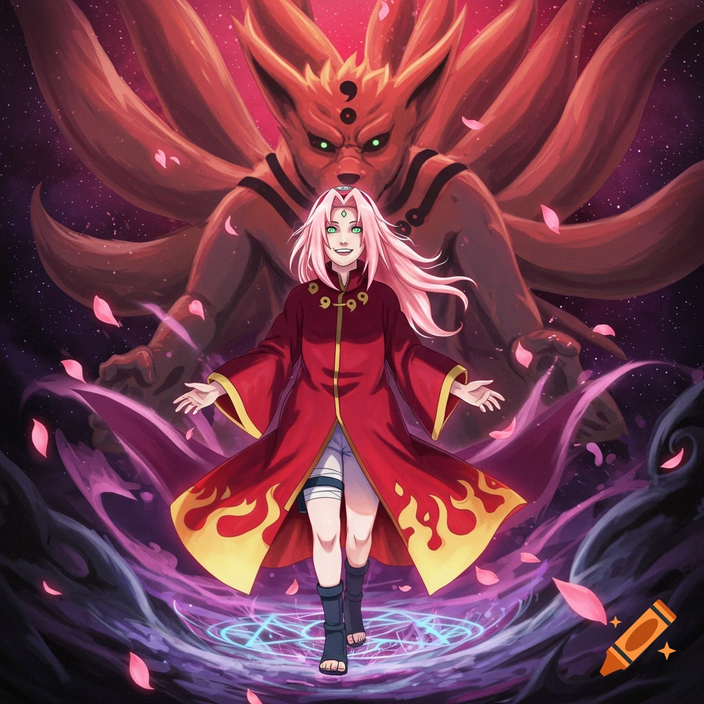 Anime style digital art of Sakura Haruno in a red robe with a giant orange nine-tailed fox beast behind her, surrounded by magical energy.
