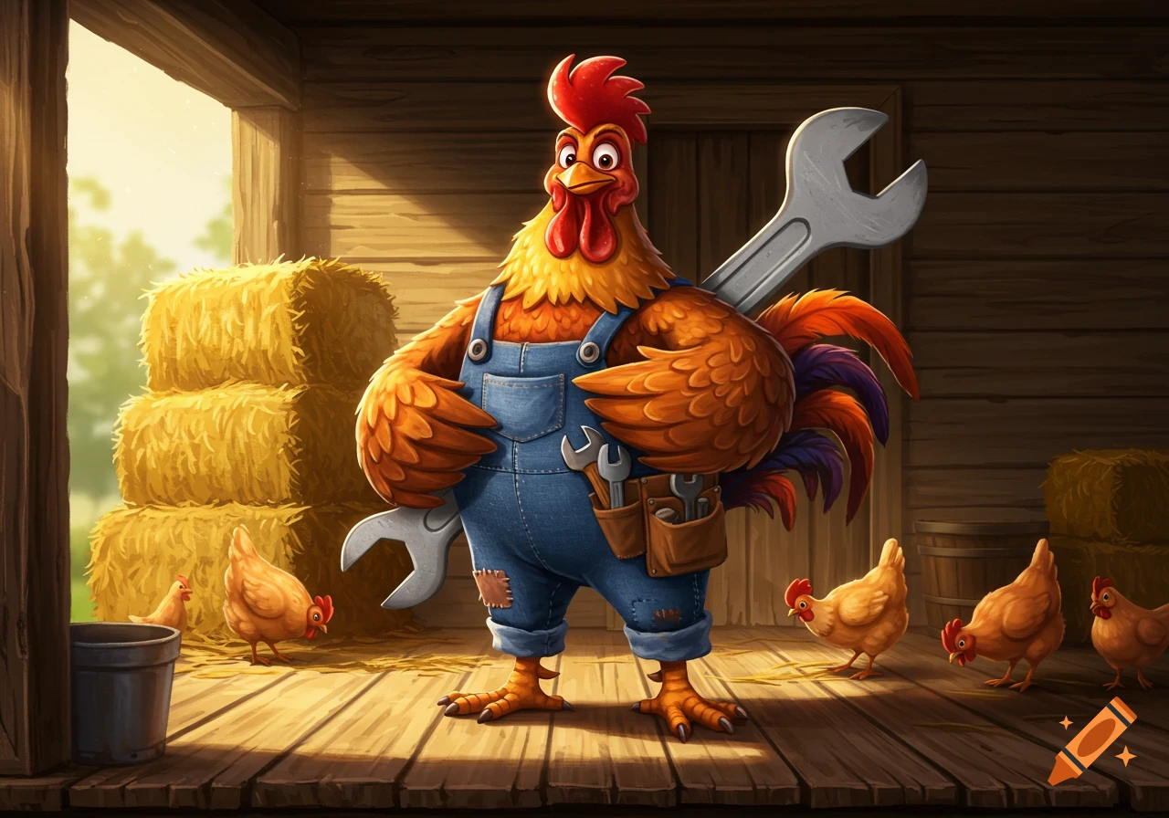 A cartoon rooster wearing blue overalls, holding a large wrench, stands in a barn surrounded by hay bales and small chickens.