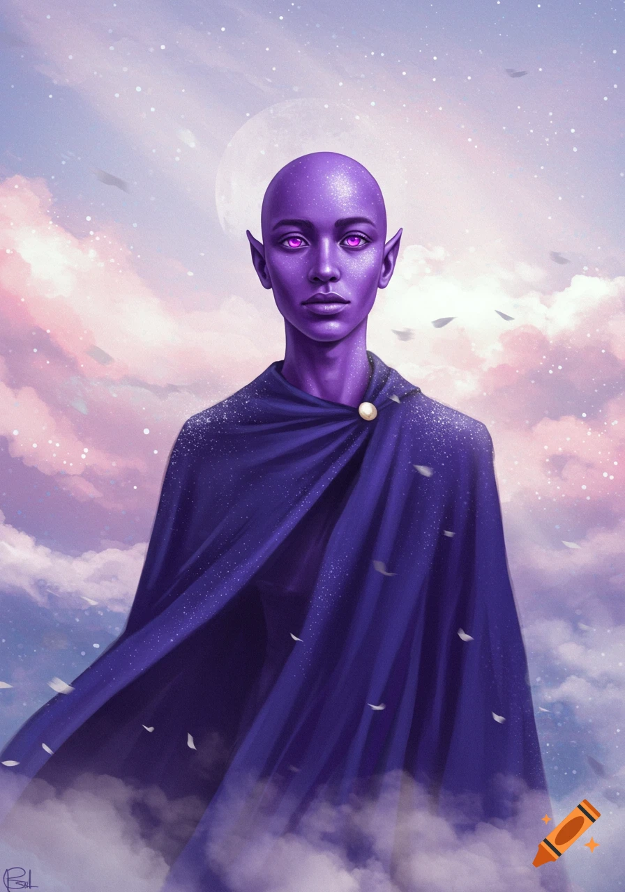 A purple-skinned person with glowing eyes and pointy ears in a dark cape stands against a pastel cloud and moonlit sky.