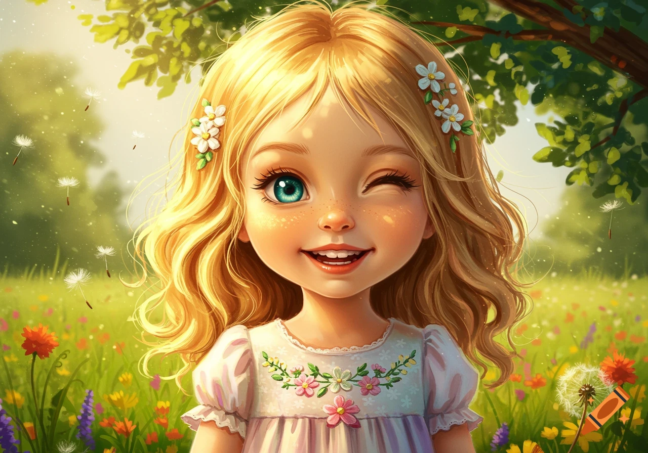 A bright cartoon close-up of a smiling blonde girl with flowers in her hair winking in a sunny field of wildflowers.
