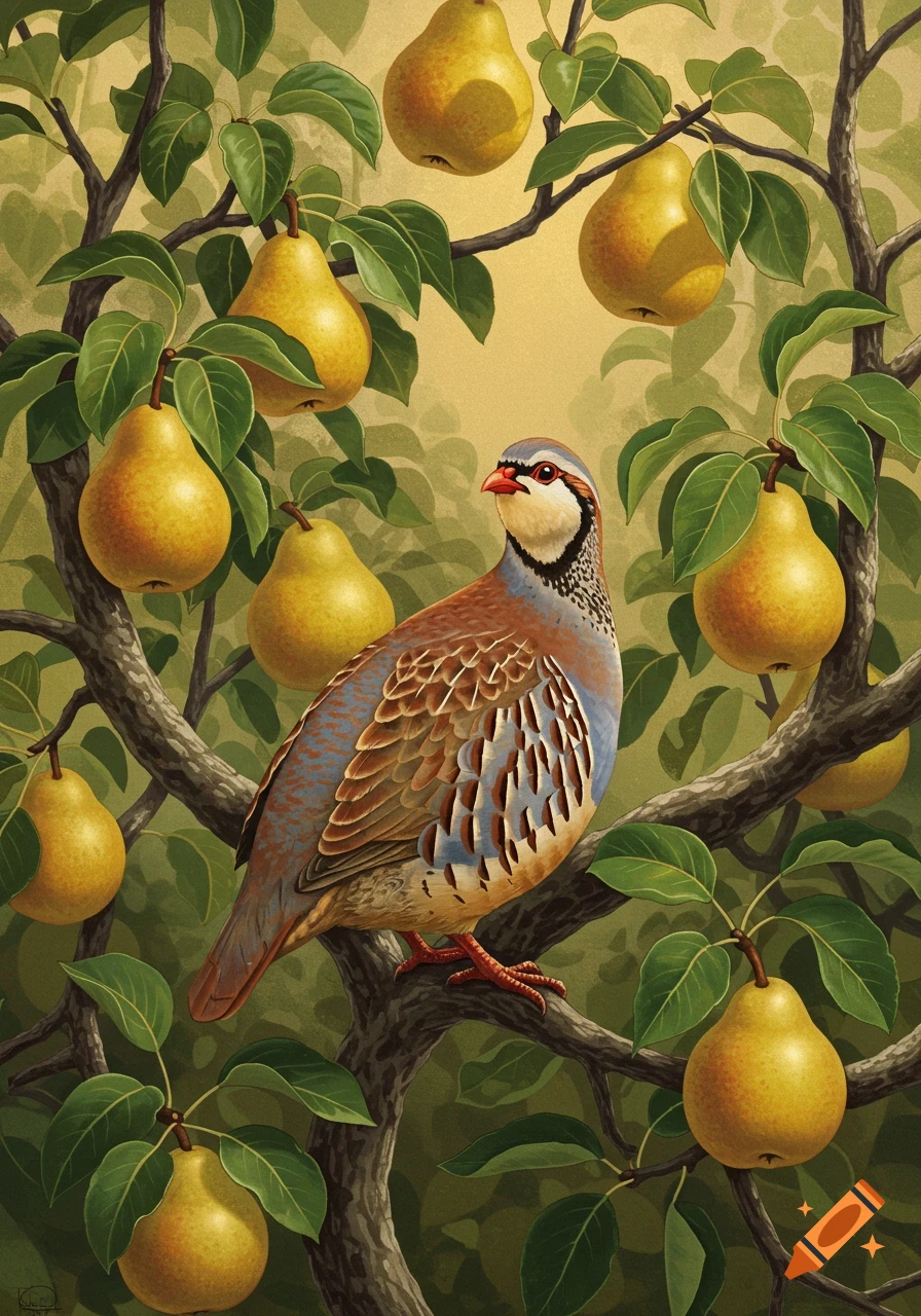 An illustrative painting of a partridge perched on a branch in a pear tree, surrounded by ripe yellow pears.