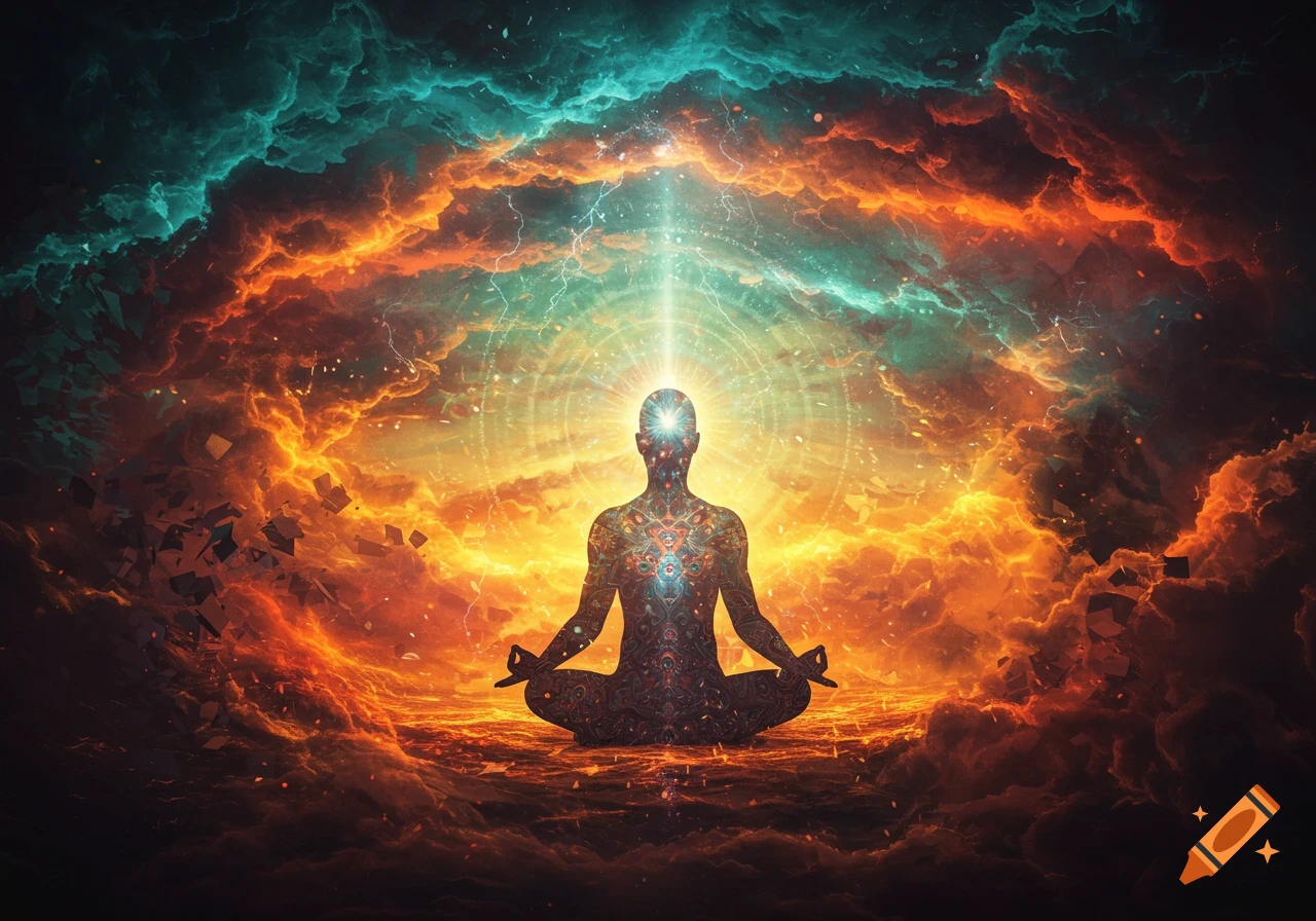 A silhouette of a person meditating in lotus position surrounded by swirling orange and teal cosmic energy with a glowing light above their head.