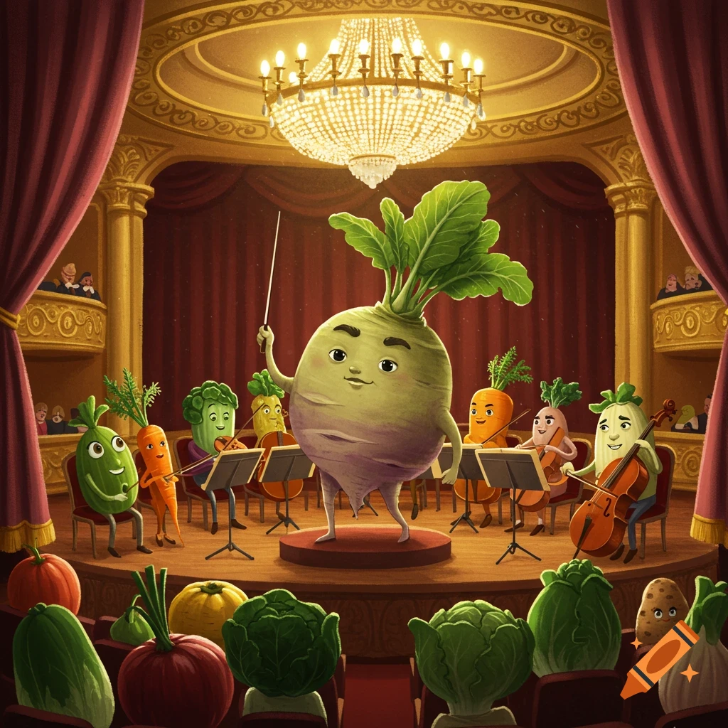 A cartoon rutabaga conducts an orchestra of vegetable musicians on a grand stage, with other vegetables in the audience.