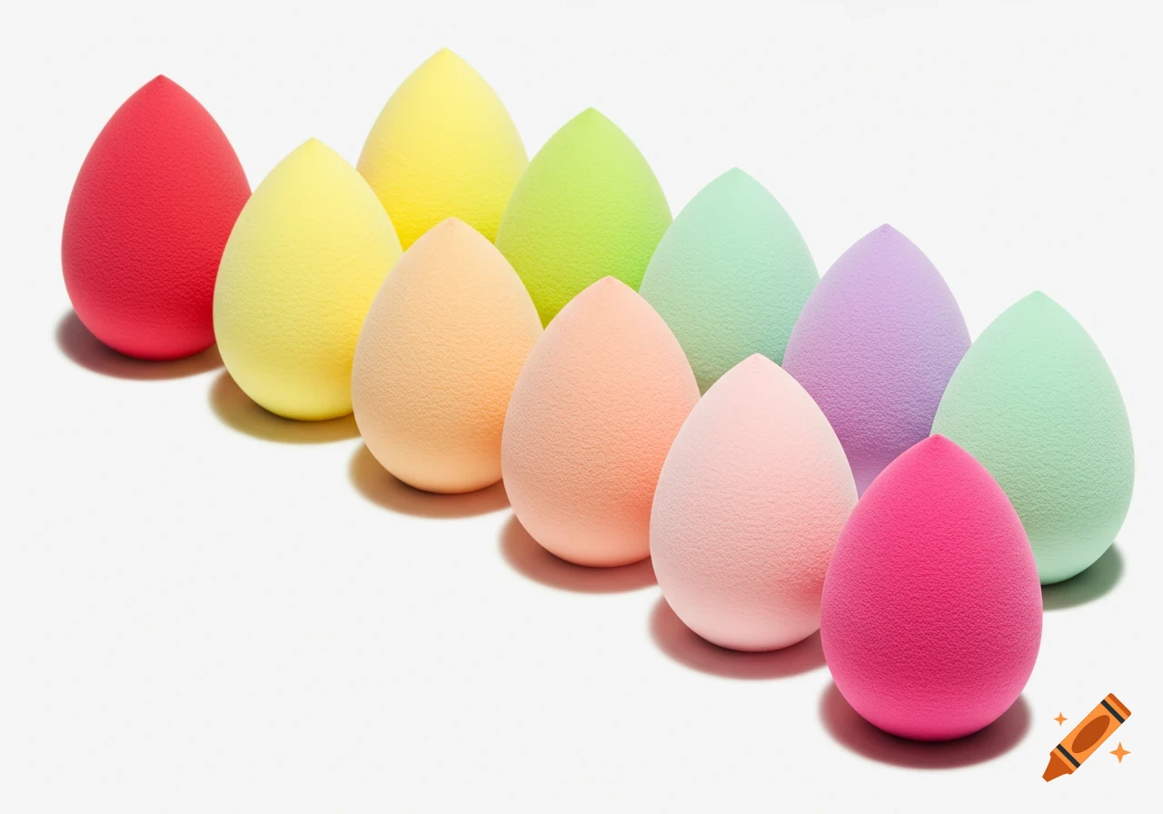 Colorful teardrop-shaped makeup sponges arranged in a staggered row on a white background.