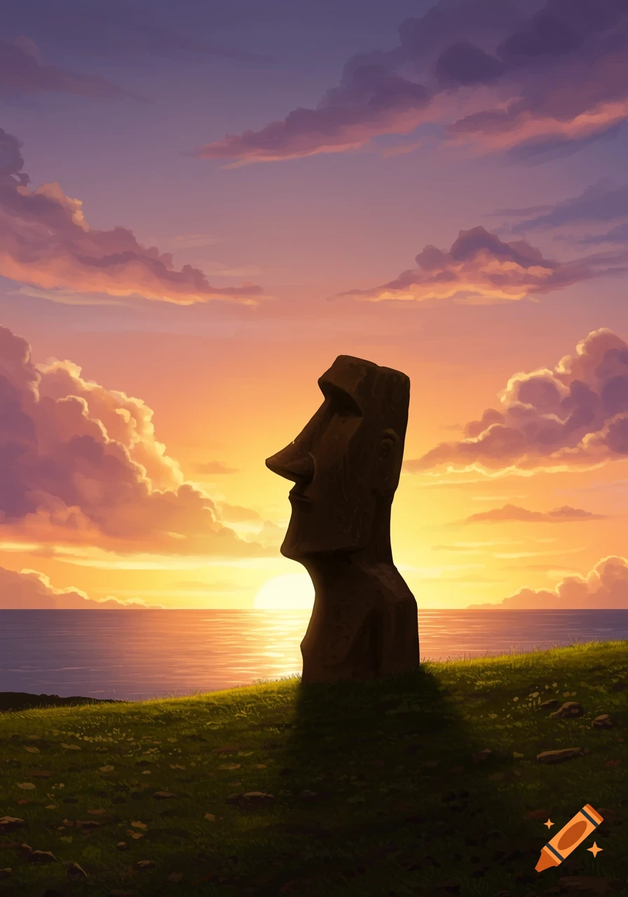 A stylized digital painting of a Moai statue silhouetted on a grassy hill overlooking the ocean at sunset.