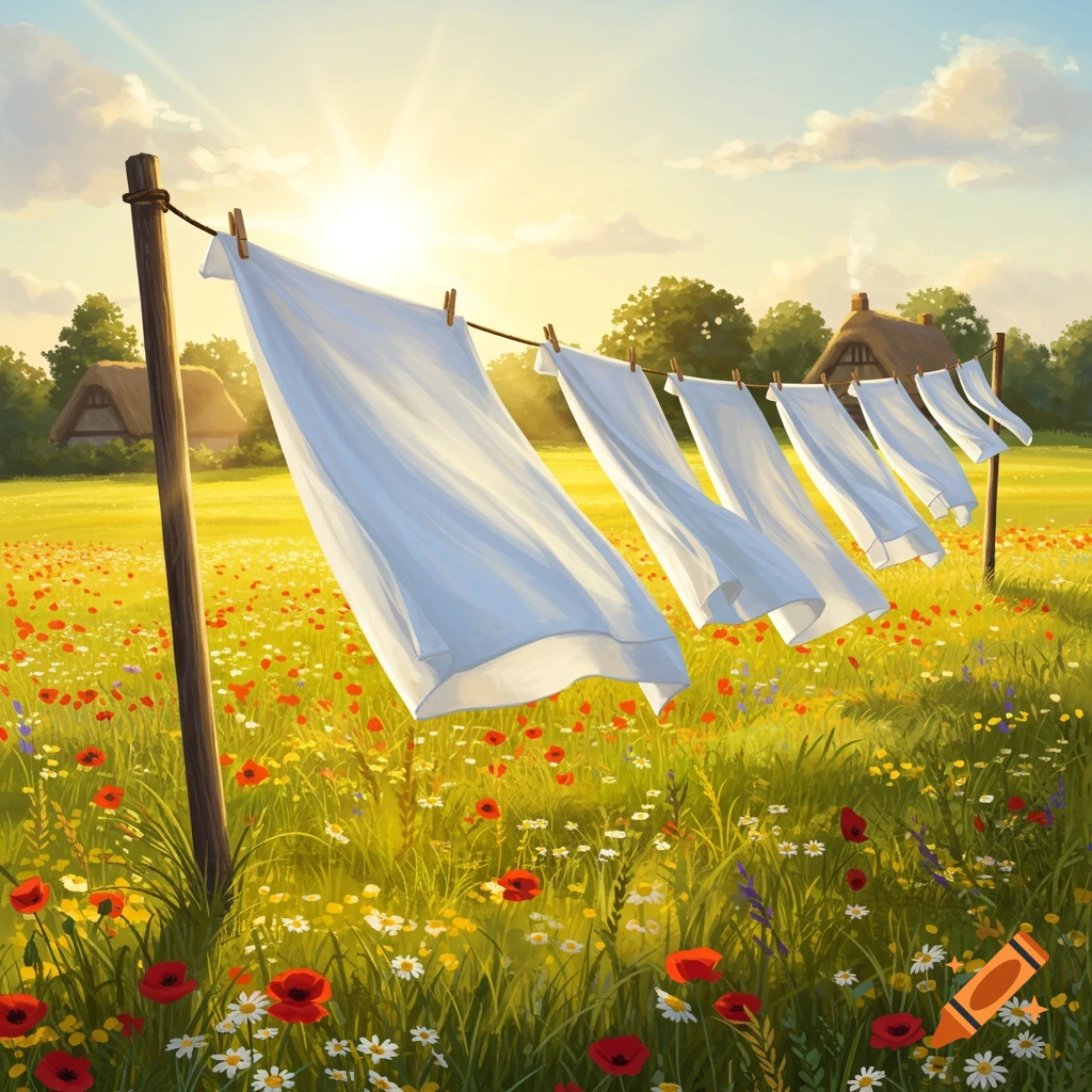 White sheets billow on a clothesline in a sunny, green field filled with red poppies and white daisies. A small cottage is in the background.
