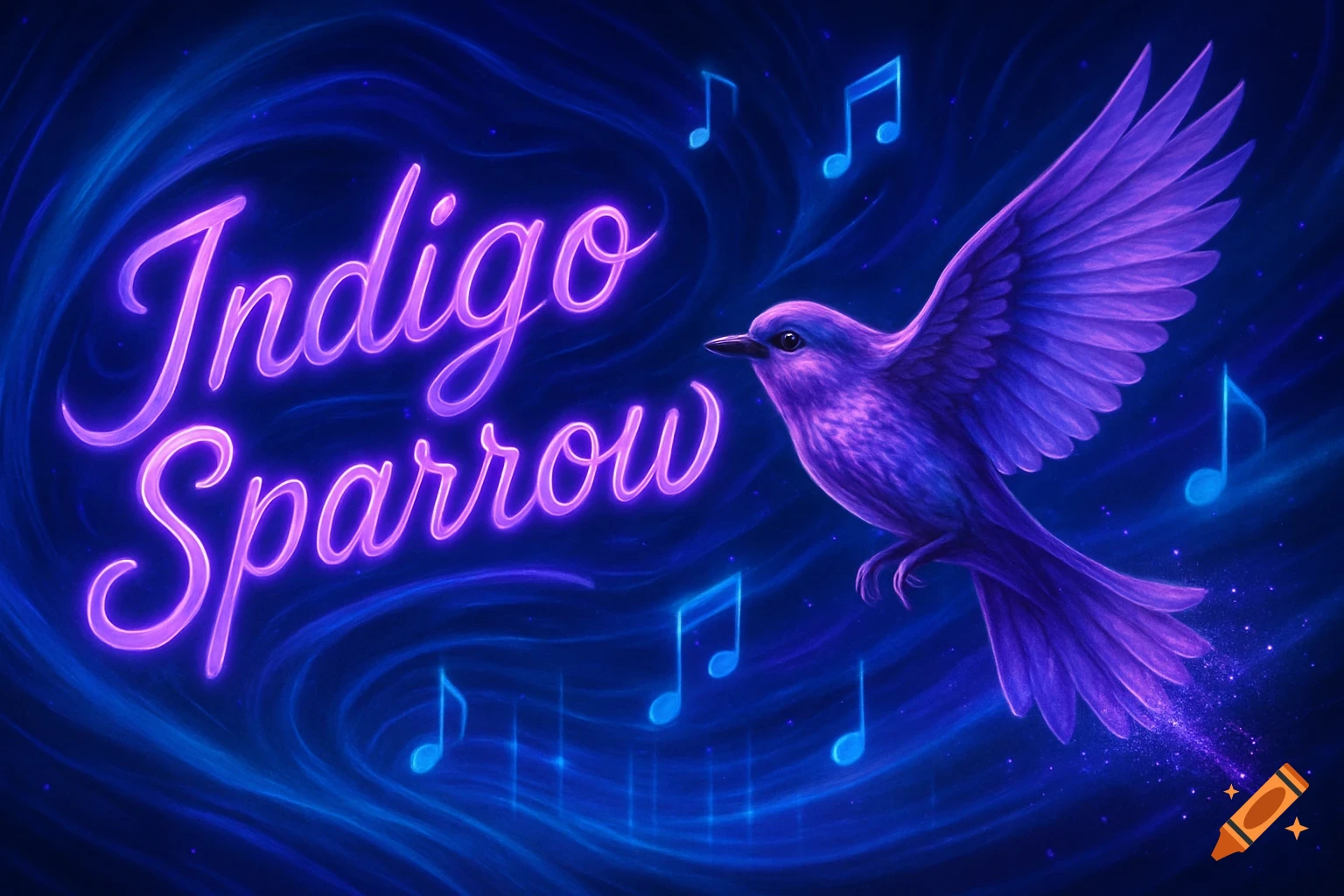 A purple bird flies against a dark blue background with glowing musical notes and purple neon text "Indigo Sparrow".