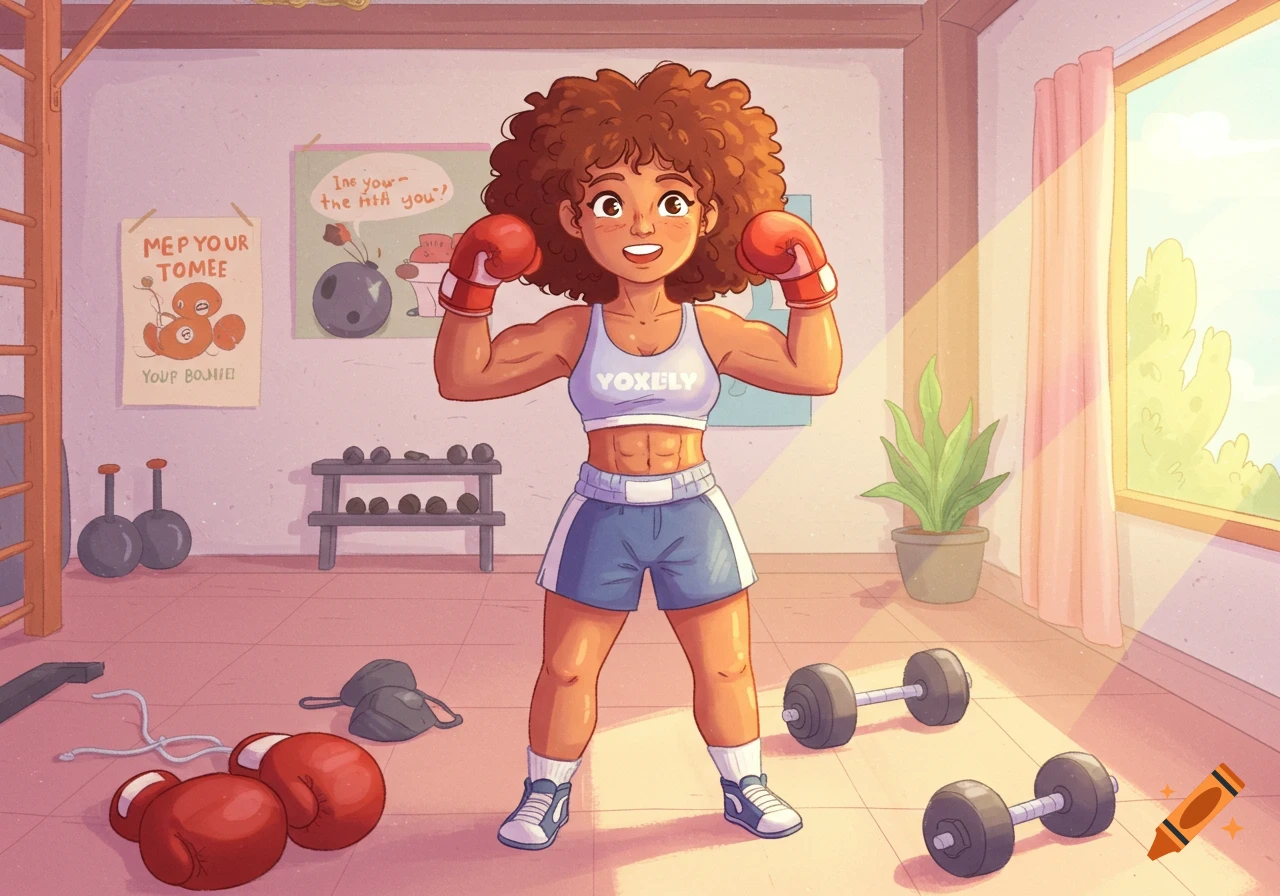A cartoon-style female boxer with curly hair, wearing boxing gloves, a sports bra, and shorts, flexing her biceps in a sunny gym.