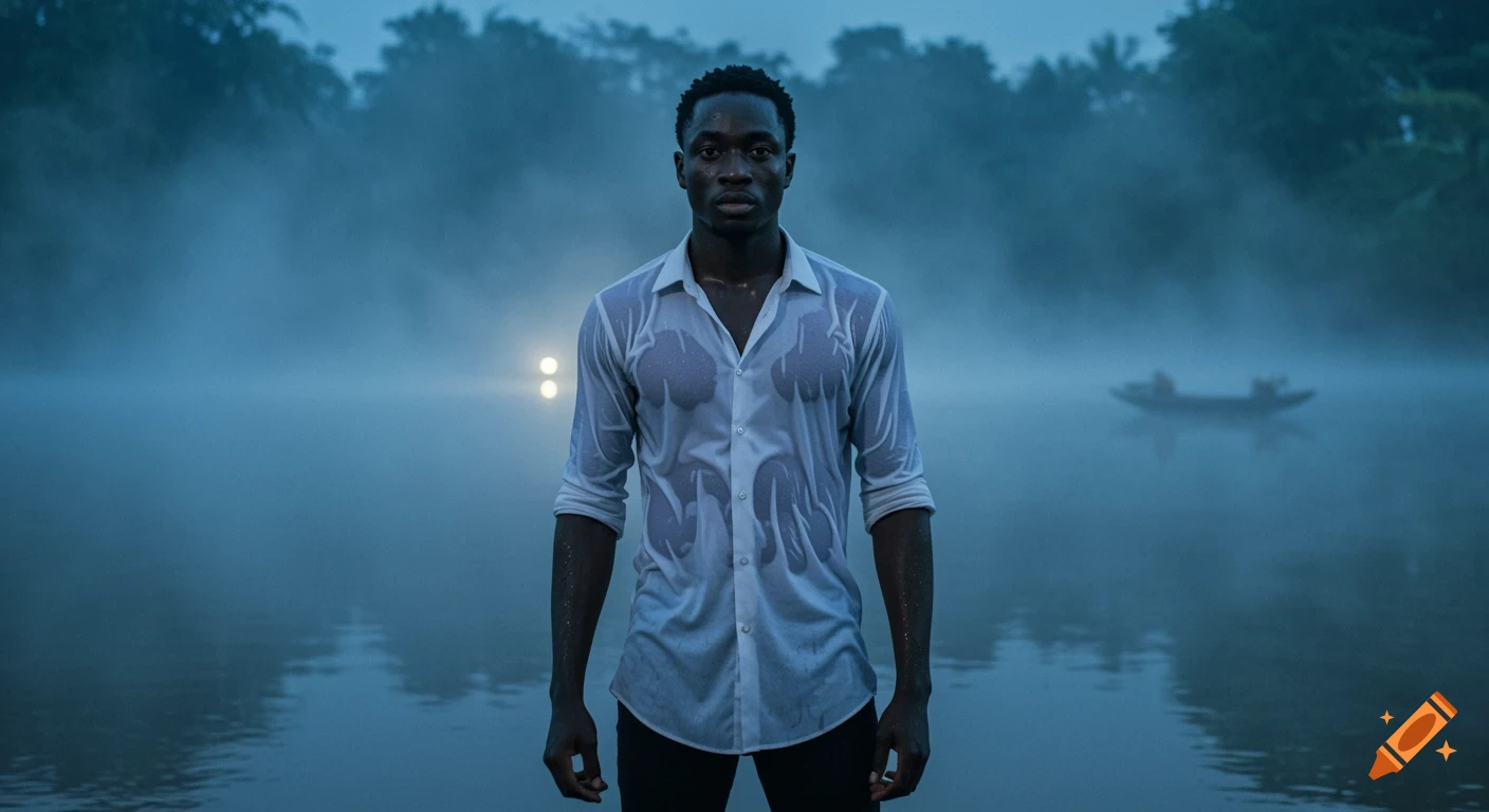 A man in a wet white shirt stands in a foggy river at pre-dawn, with a tense expression and a small boat in the distance.
