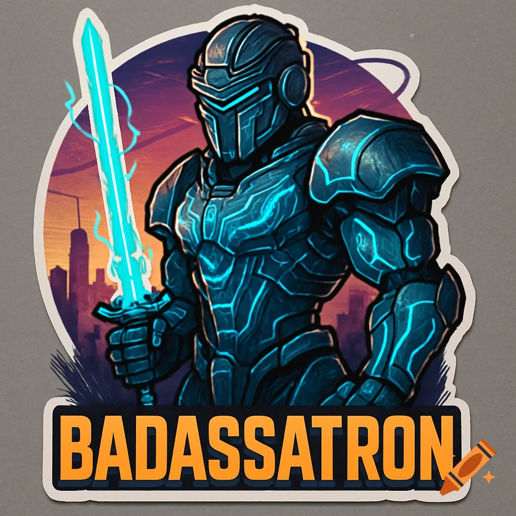 A sticker of a futuristic knight in glowing blue armor holding an energy sword, with a city skyline in the background. Text 'BADASSATRON'.