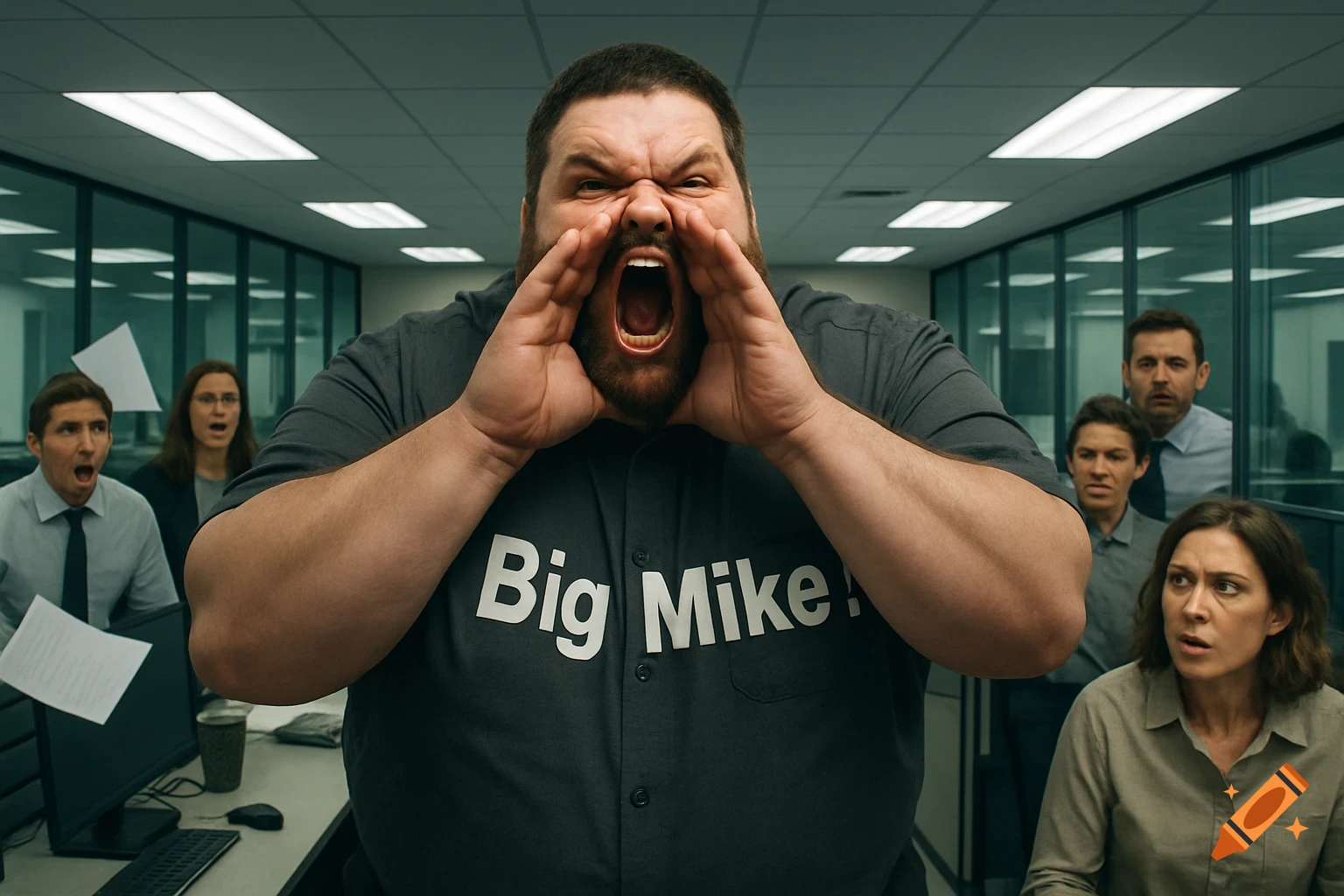 A man in an office, wearing a shirt that says 'Big Mike!', yells with hands cupped around his mouth, as other office workers look on in shock.