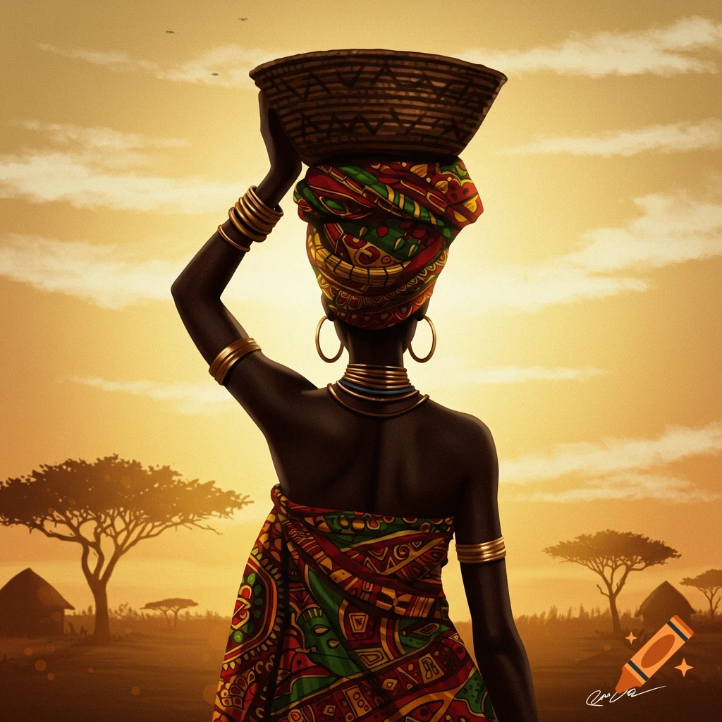 Stylized illustration of an African woman seen from behind, carrying a basket on her head against a sunset sky with trees and huts.