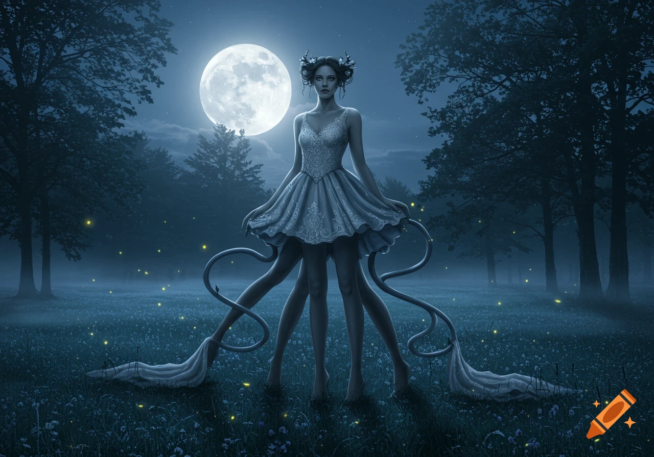 A fantastical woman with many legs stands in a moonlit forest with fireflies, ethereal and dreamlike.