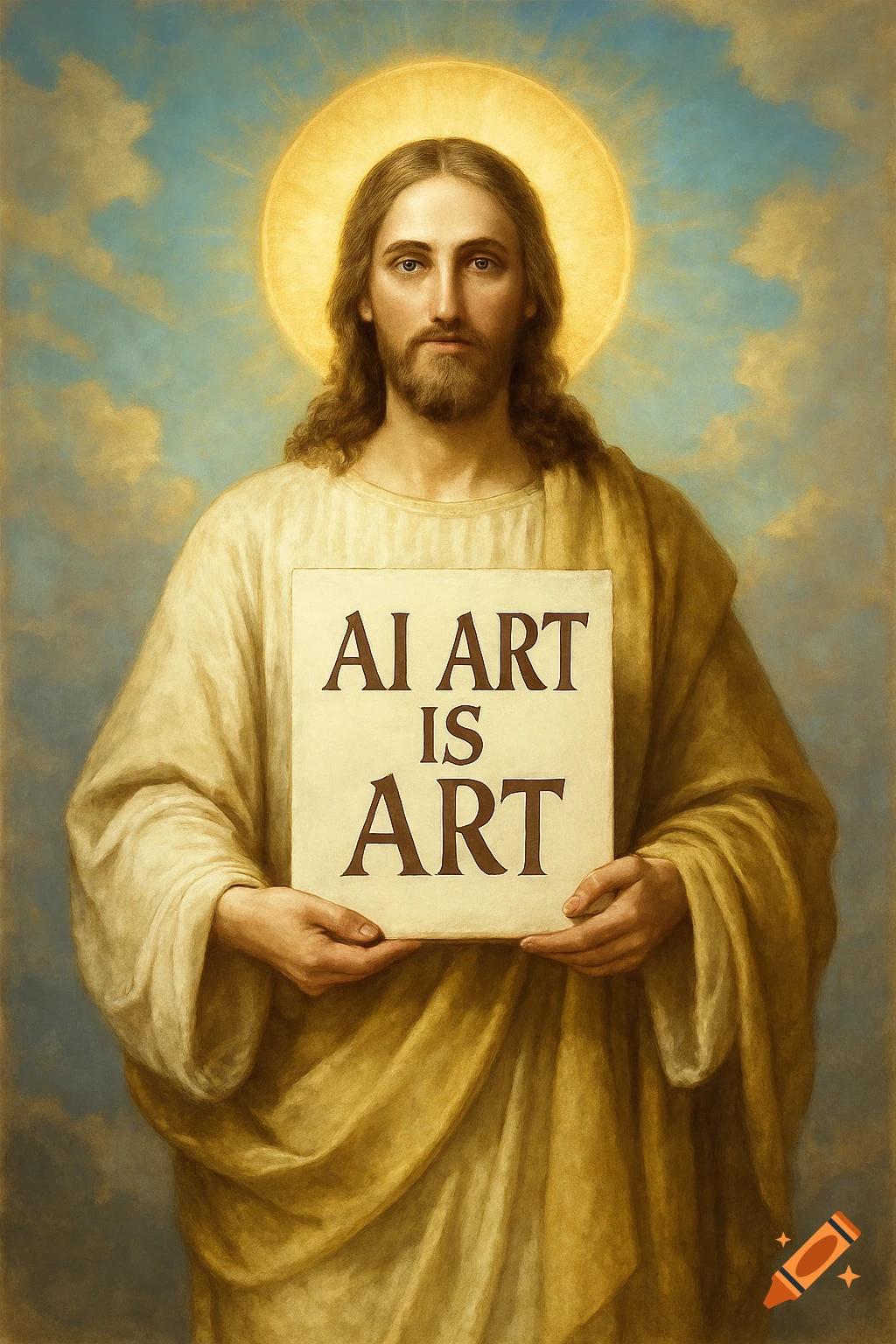 Painting of Jesus Christ holding a sign that reads 'AI ART IS ART' against a cloudy blue sky.