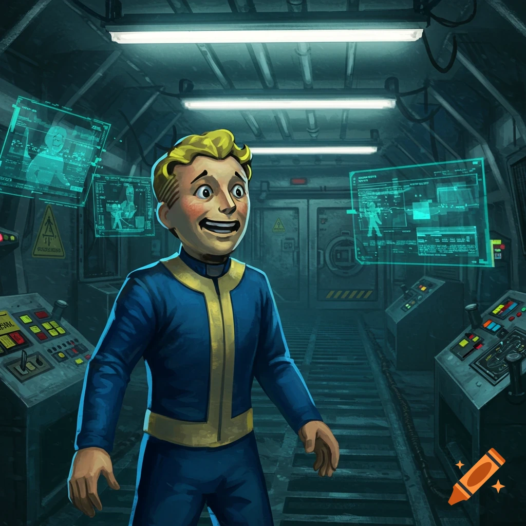 Vault Boy looking anxious in a sci-fi vault with glowing screens.