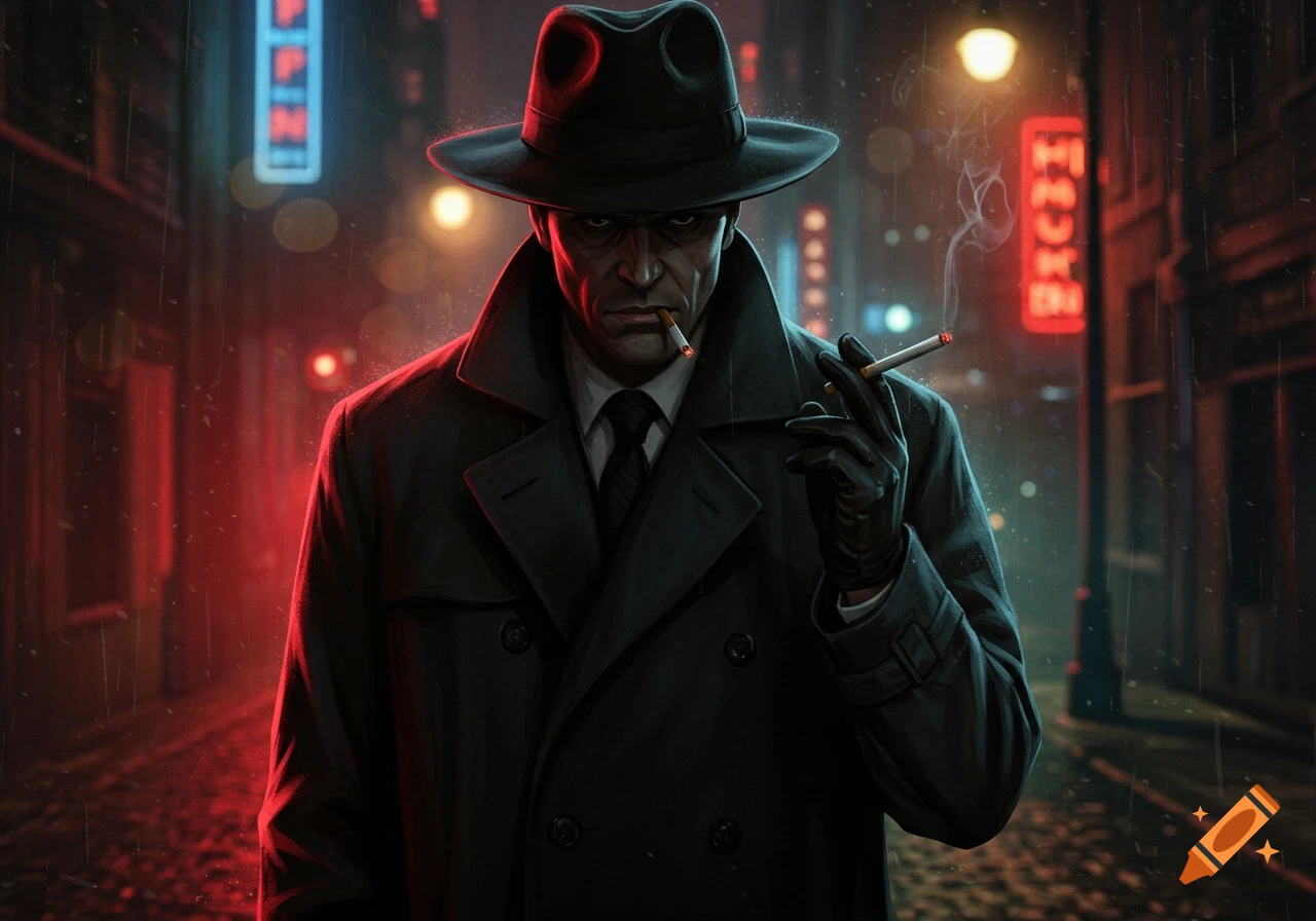 A mysterious man in a trench coat and fedora smoking a cigarette on a dark, rainy city street with neon signs.