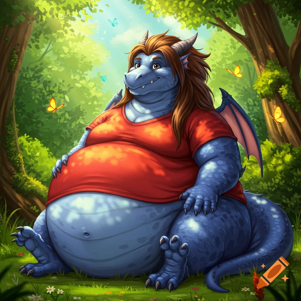 A cheerful, fat blue dragon with long brown hair and a red t-shirt sits in a sunny green forest with butterflies.