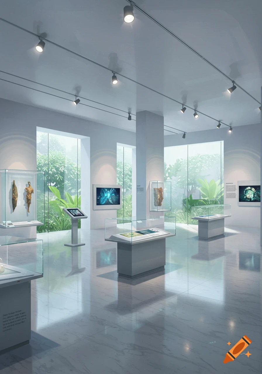 A modern art gallery interior with reflective floors, track lighting, and glass display cases showing artifacts and digital screens, with large windows overlooking green foliage.