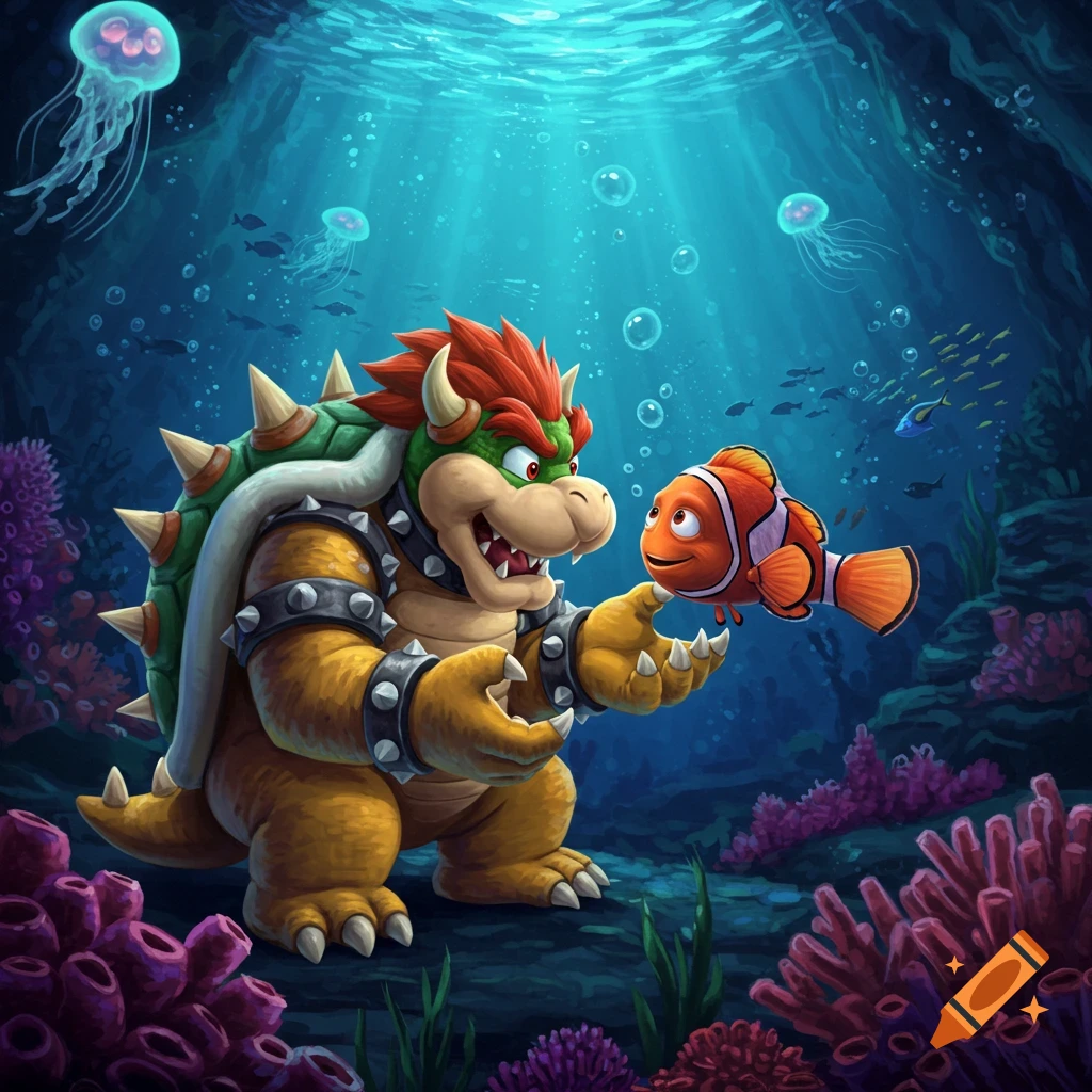 A cartoon Bowser gently holds a clownfish in a vibrant underwater scene with jellyfish, coral, and sunlight filtering through the water.