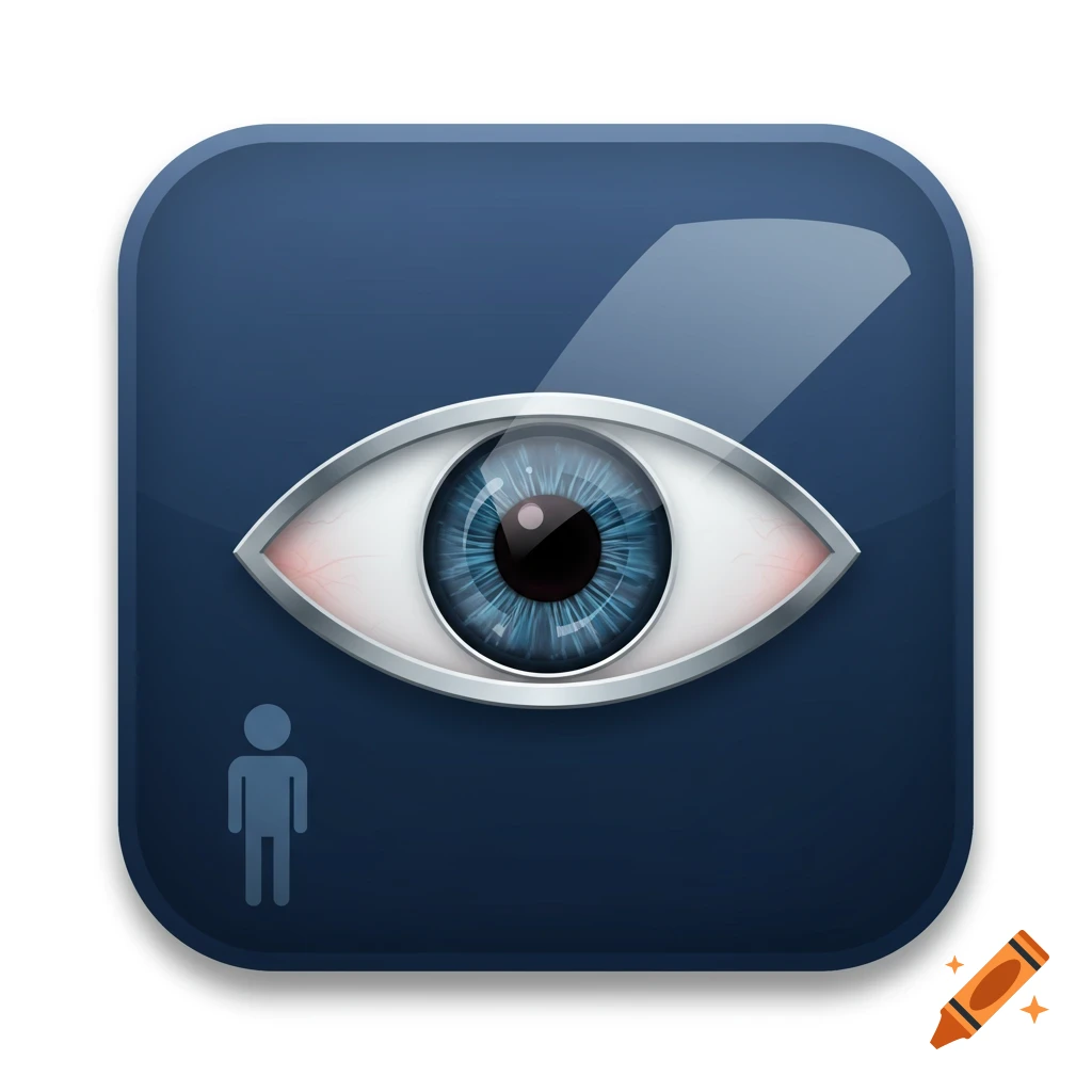 A dark blue app icon featuring a realistic blue human eye with a metallic border, and a white stick figure symbol in the bottom left corner.