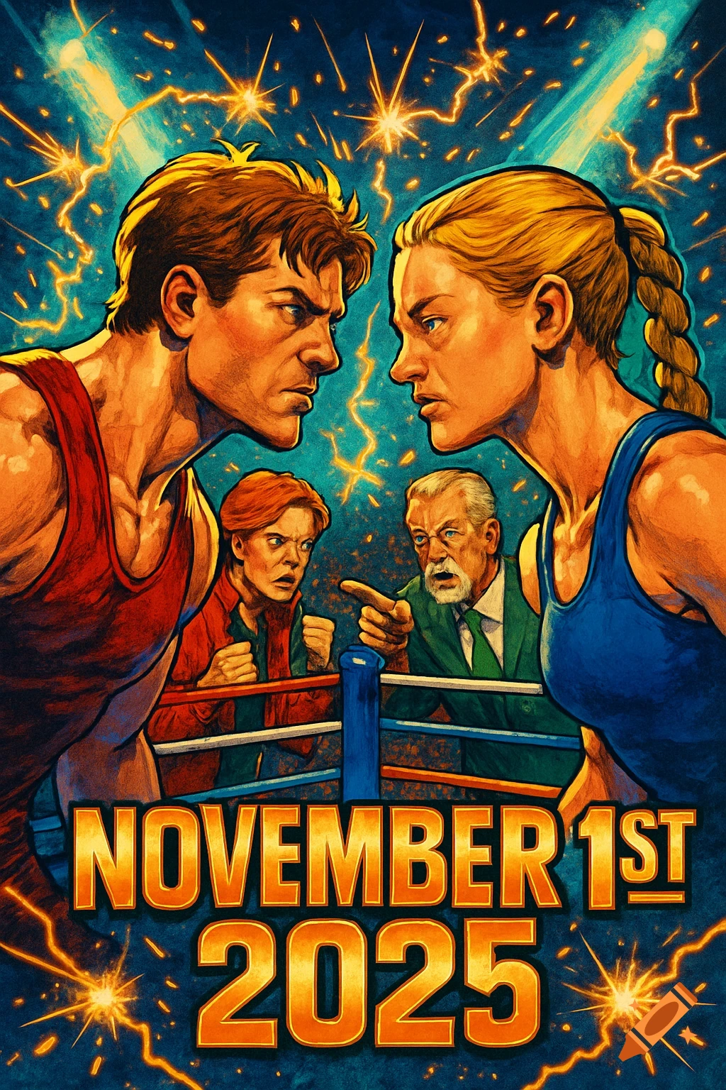 Comic book style boxing poster with male and female fighters facing off, coaches, and text 'NOVEMBER 1ST 2025'.