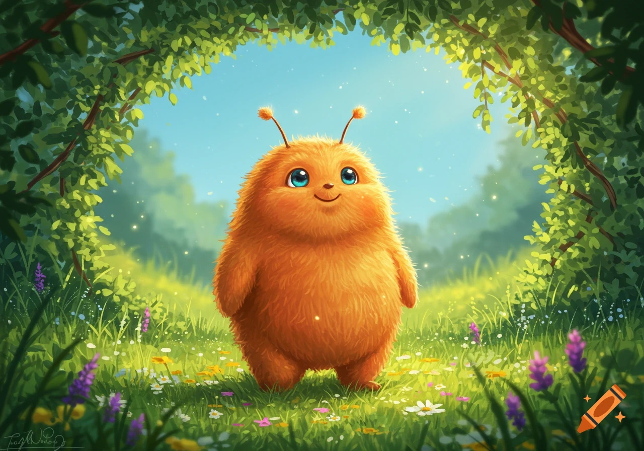A cute, fluffy orange creature with blue eyes and antennae stands in a sunlit green field filled with wildflowers, surrounded by a leafy archway.