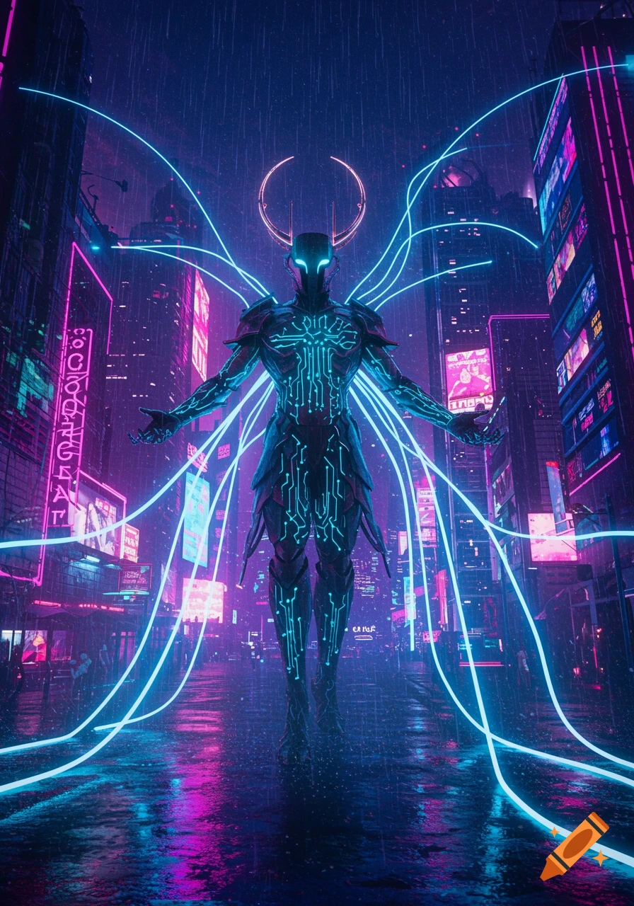 A glowing blue and black cybernetic figure stands with arms outstretched in a neon-lit, rainy cyberpunk city.