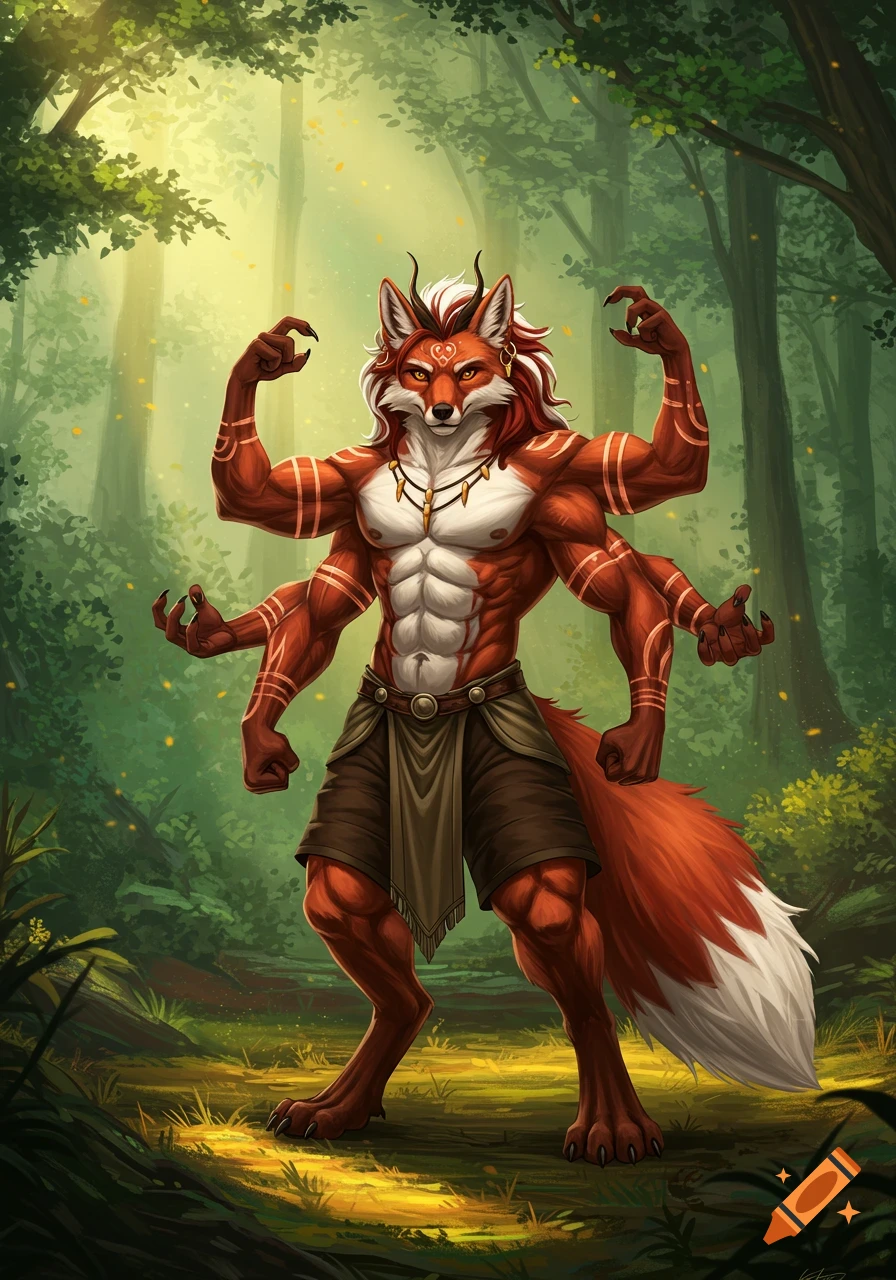 A muscular, six-armed anthropomorphic fox with red fur and white markings stands confidently in a sunlit green forest.