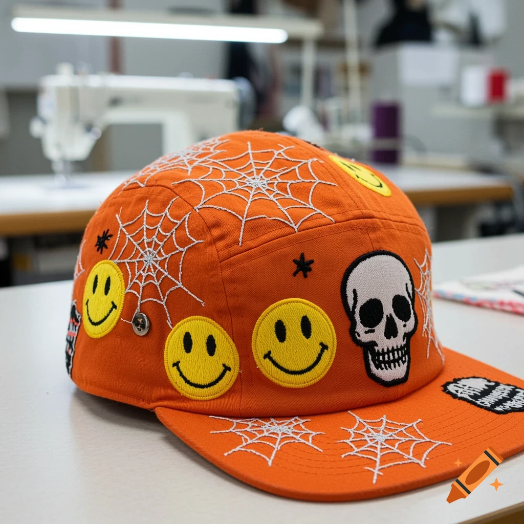 An orange 6-panel hat customized with white embroidered spiderwebs, yellow smiley face patches, and a skull patch.