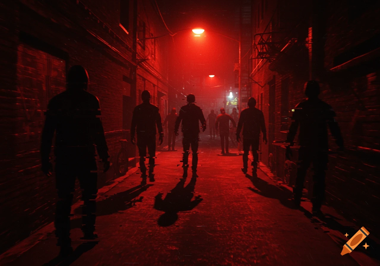 Silhouetted figures walk down a dark, narrow urban alley bathed in red light, creating a terrifying atmosphere.