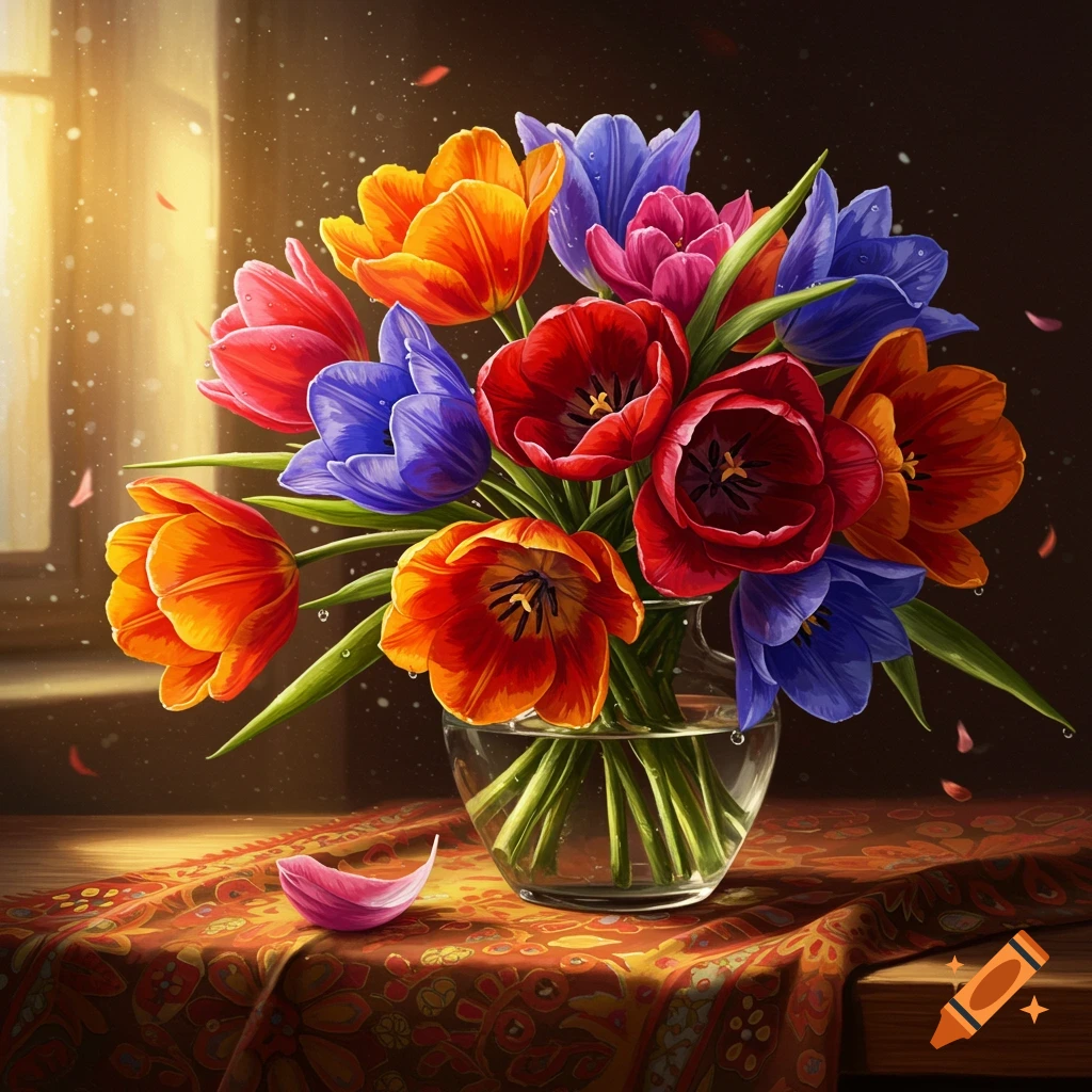 A vibrant bouquet of red, orange, and blue tulips in a glass vase on a patterned tablecloth, bathed in warm light.