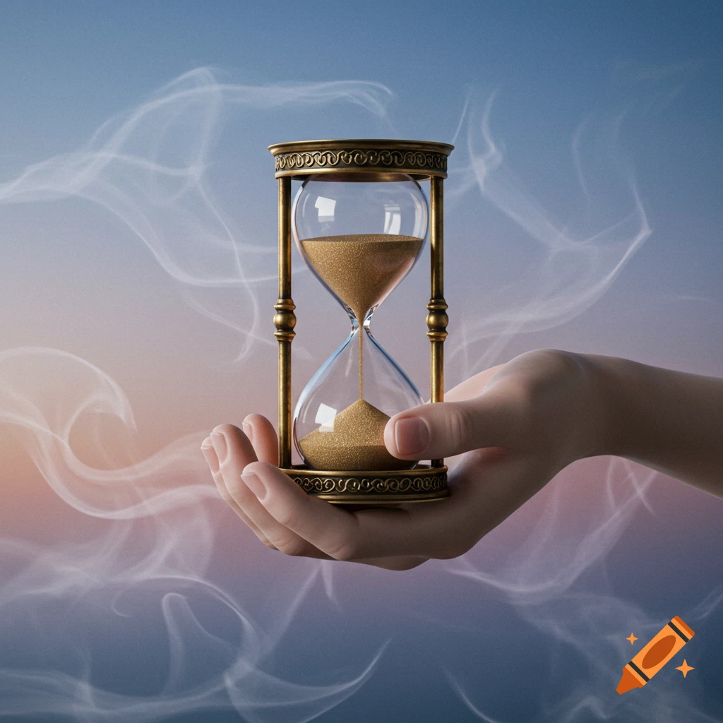 A human hand gently holds a golden hourglass with sand flowing, set against a dreamy, smoky background.