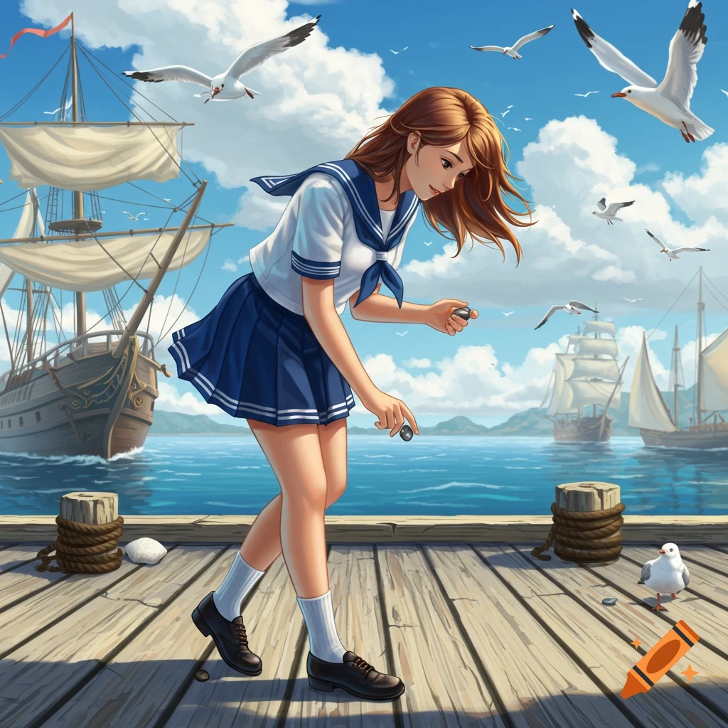 Illustrated anime-style girl in a sailor uniform bending on a wooden dock, holding pebbles, with sailing ships and seagulls in the background.