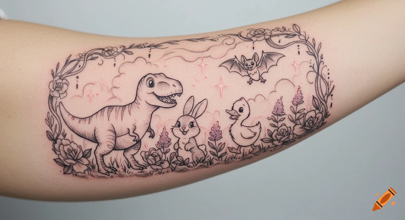 A black and white line art tattoo on an arm features a cheerful T-Rex, bunny, duckling, and bat within a floral, vine-framed border.