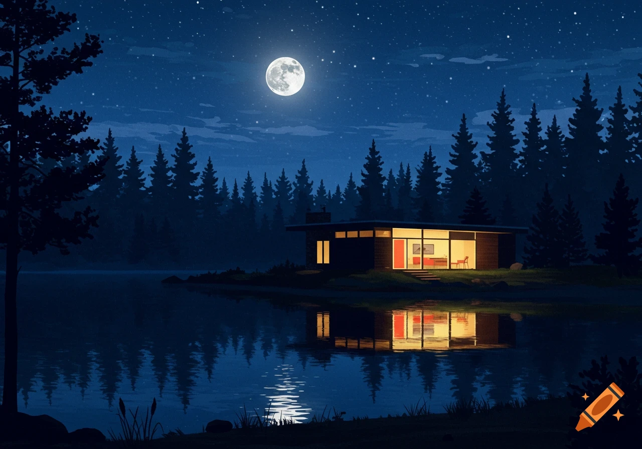 A mid-century modern house with lit windows sits by a calm lake, reflecting the full moon and surrounding pine forest at night. Illustrated style.