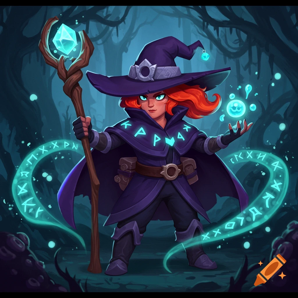 A stylized cartoon witch with orange hair, purple hat and cape, holding a crystal staff, and casting a glowing blue spell in a dark forest.