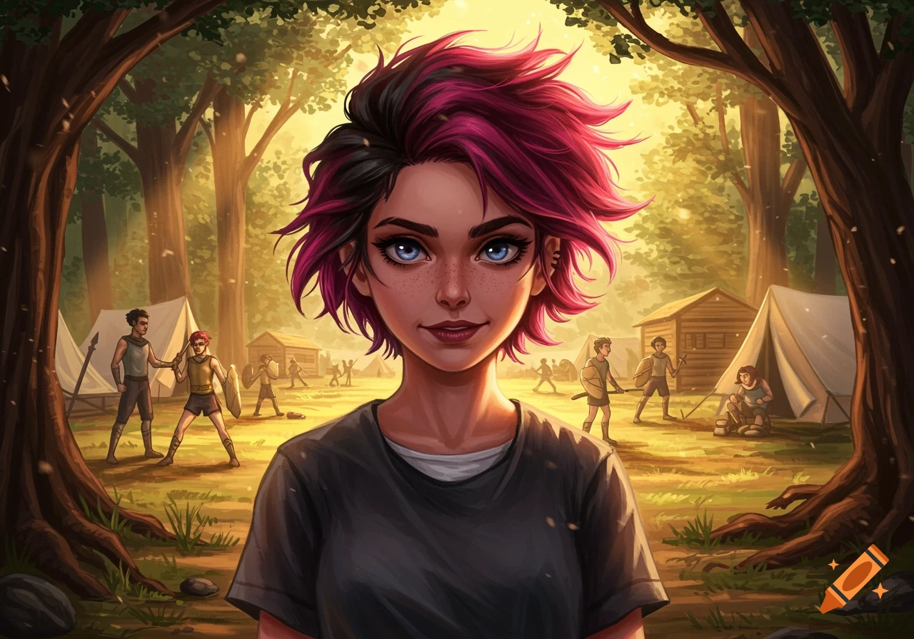 Stylized illustration of a young woman with pink and black hair and blue eyes, smiling in front of a busy camp scene with people and tents.