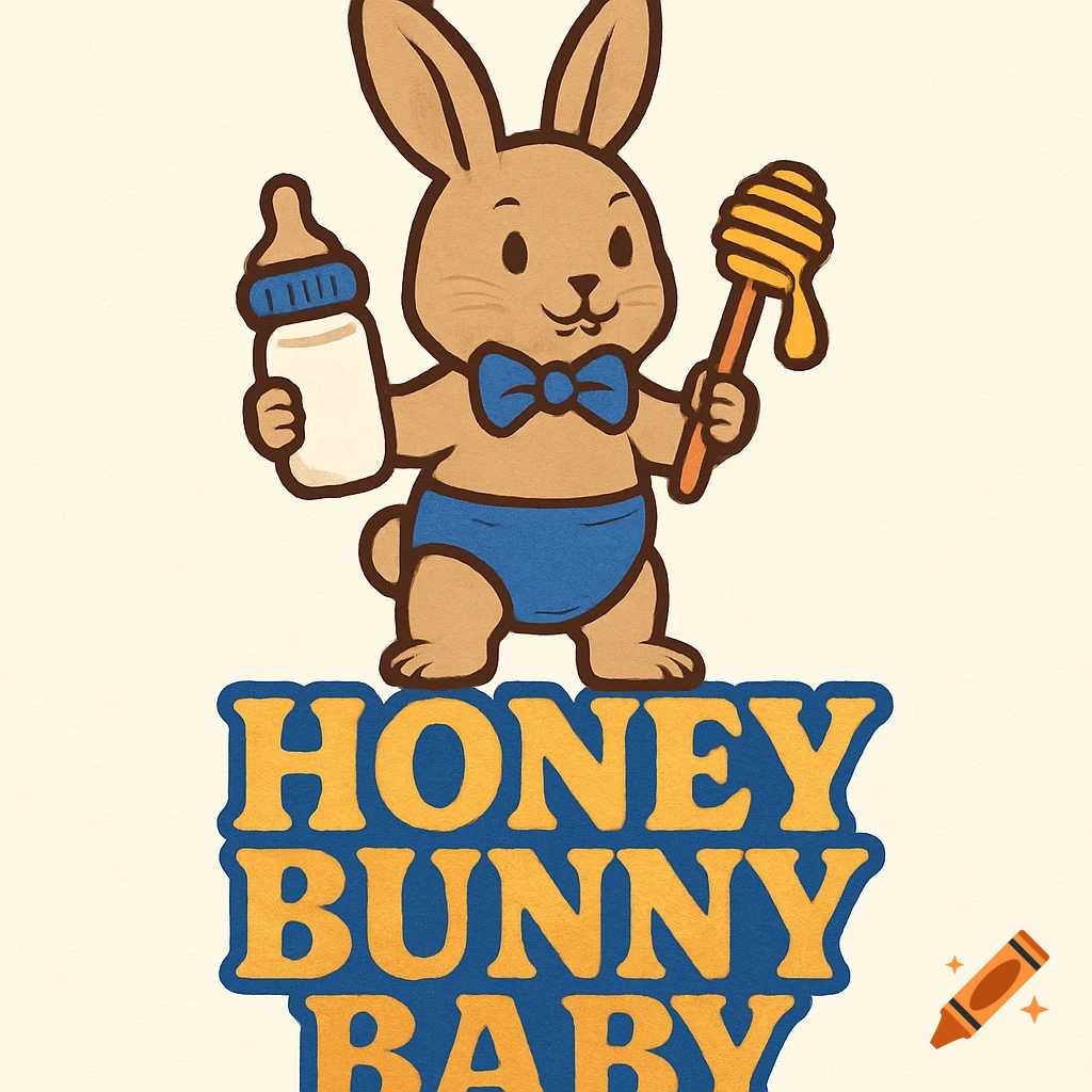 A cartoon baby bunny in a blue diaper and bow tie holding a milk bottle and honey dipper, with 'HONEY BUNNY BABY' text below.