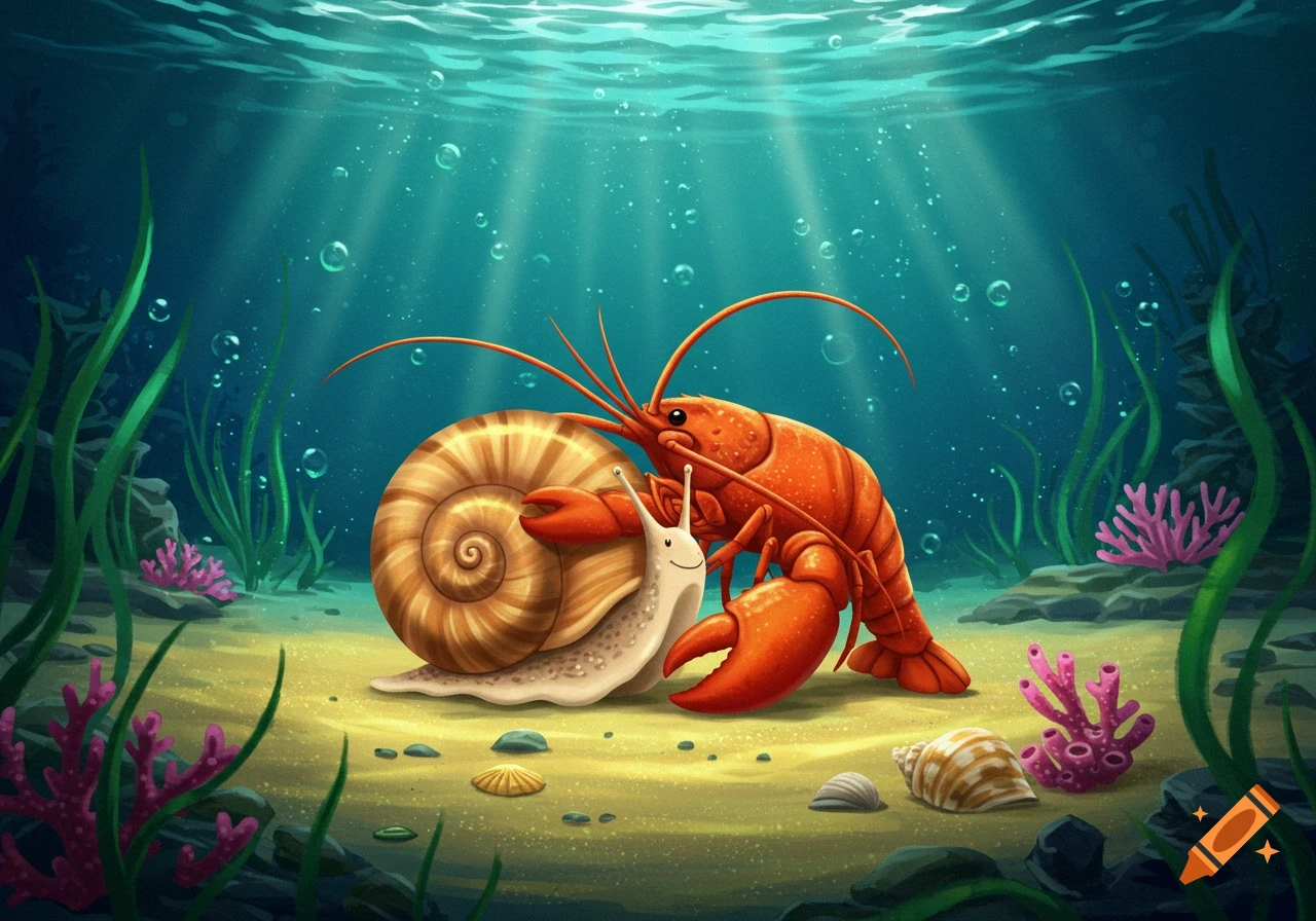 An illustration of a red lobster and a small white snail hugging on the sandy ocean floor with coral and seaweed.
