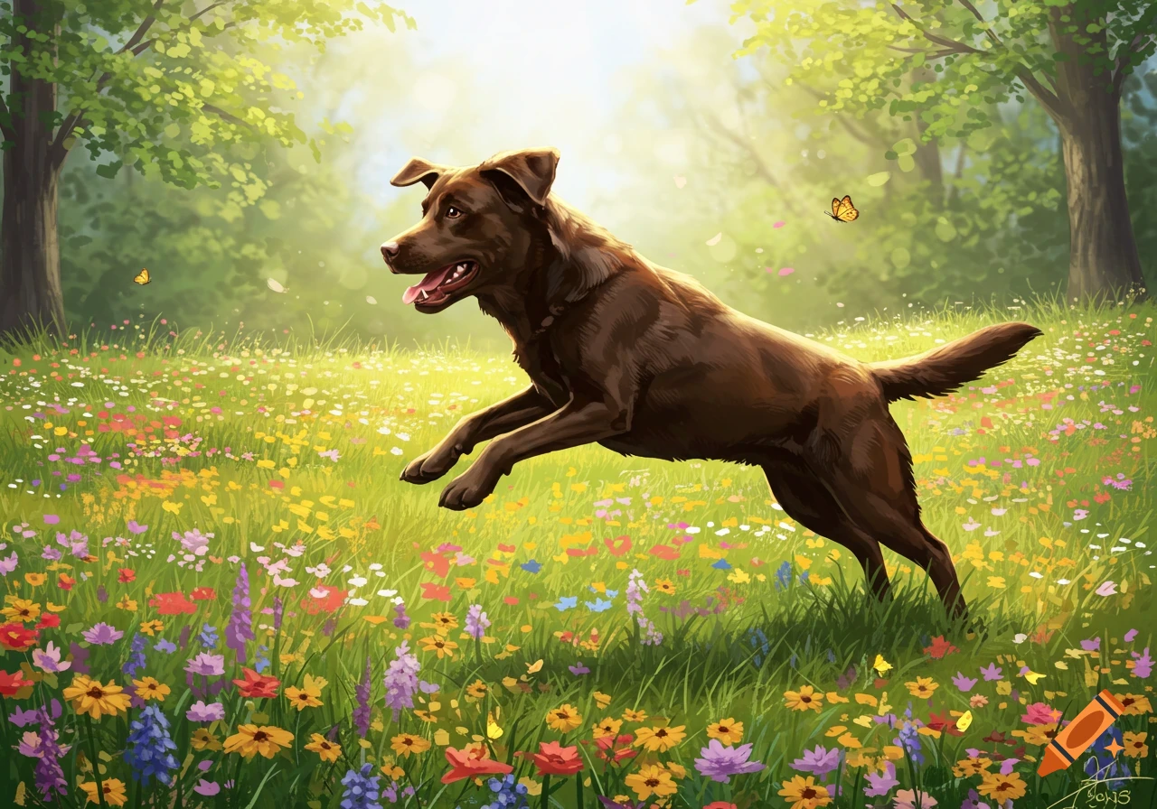 A chocolate Labrador dog runs and jumps through a sunlit field filled with colorful wildflowers and butterflies, with trees in the background.