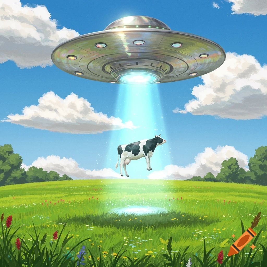 A flying saucer beams up a black and white cow from a green field under a sunny blue sky with clouds.