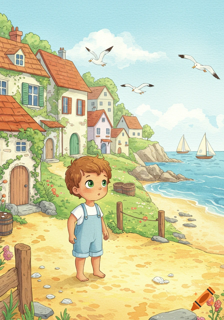 A boy stands on a sandy path overlooking a coastal town, beach, ocean, and sailboats, in a watercolor children's book style.