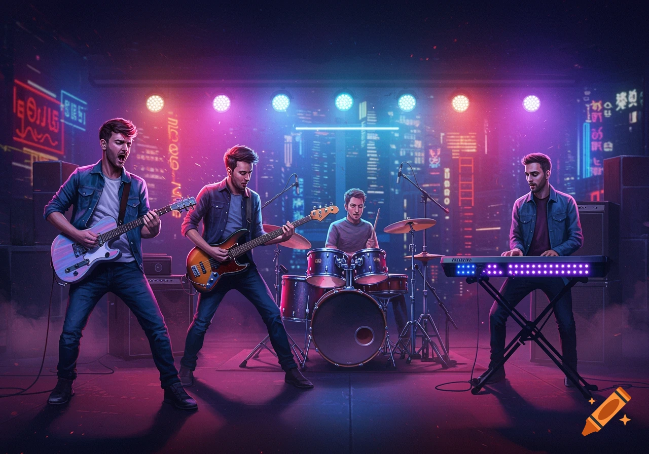 Four men play an electric guitar, bass, drums, and keyboard on a stage with vibrant neon lights and a cityscape background.