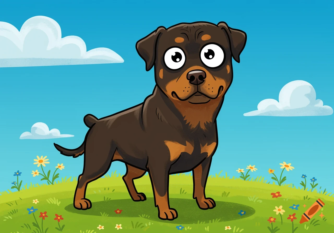 A cartoon Rottweiler with big eyes stands in a green field with colorful flowers under a blue sky.