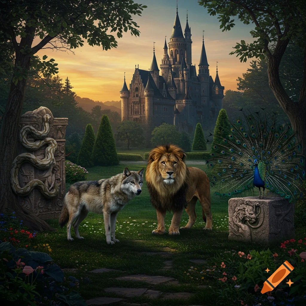 A wolf, lion, and peacock stand in a lush garden with a large castle and snake statue in the background at sunset.